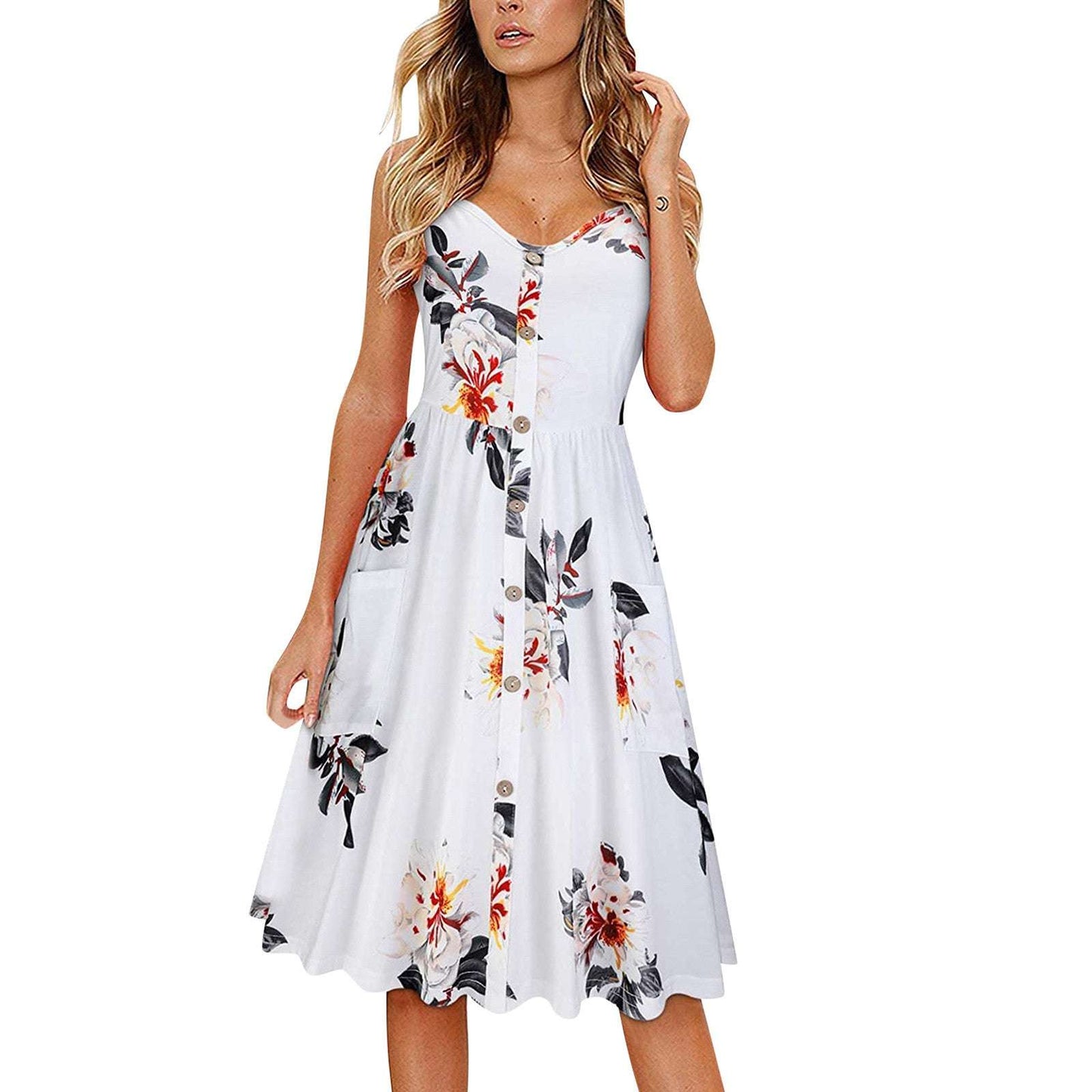 Floral V-Neck Summer Dress – Sleeveless & Elegant
