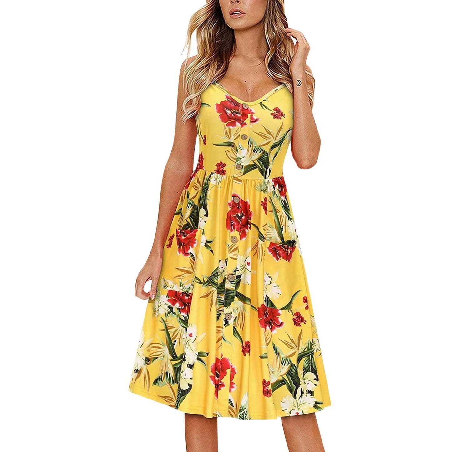 Floral V-Neck Summer Dress – Sleeveless & Elegant