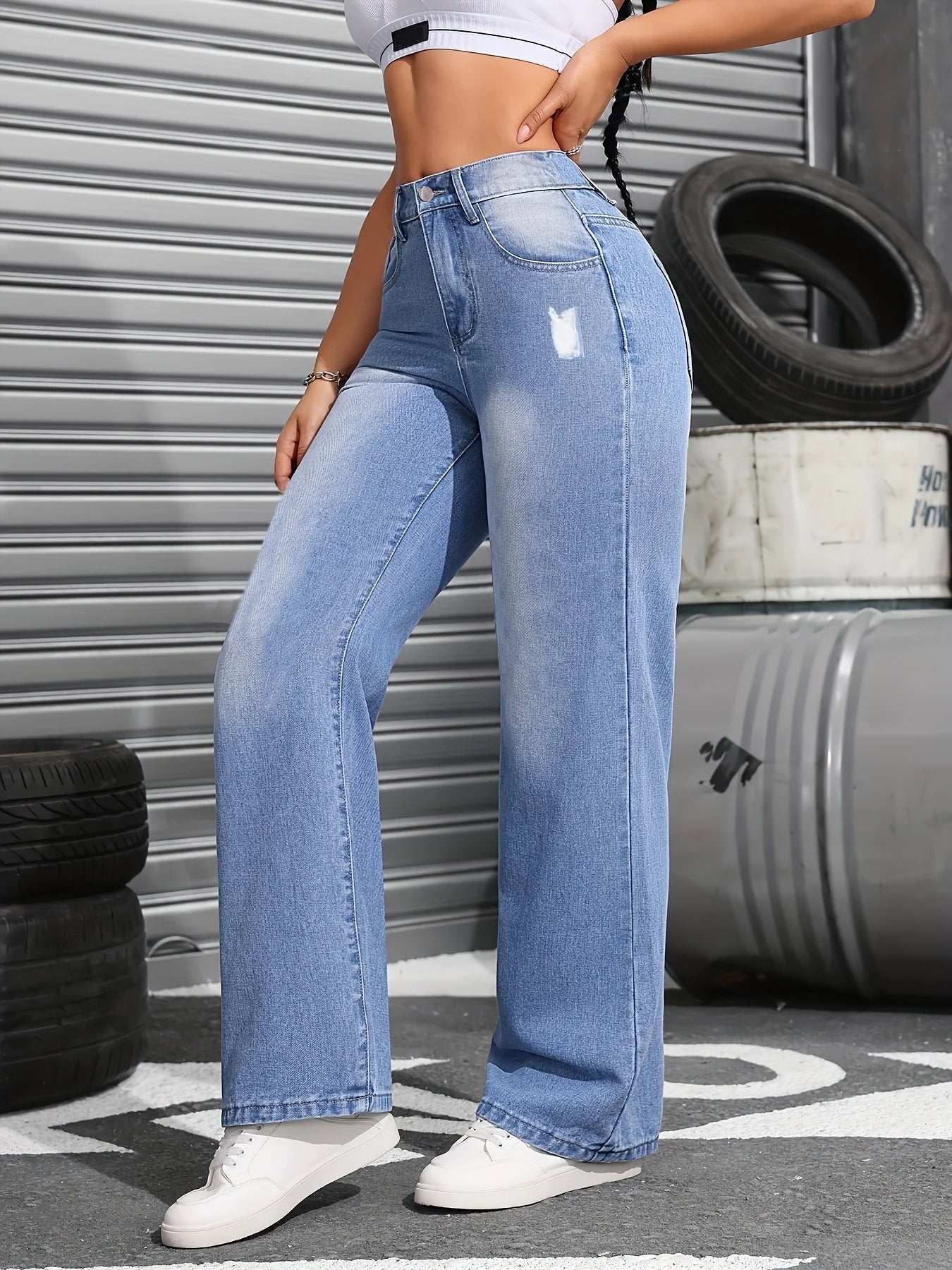 Women's high waist elastic zipper jeans