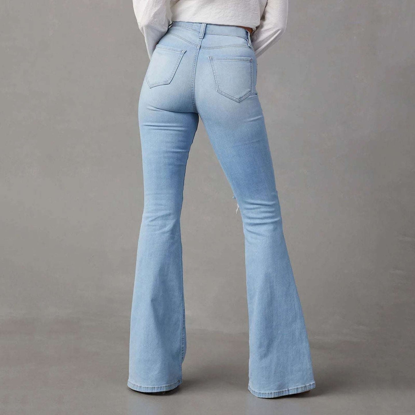 Women's ripped mid-waist wide-leg denim jeans
