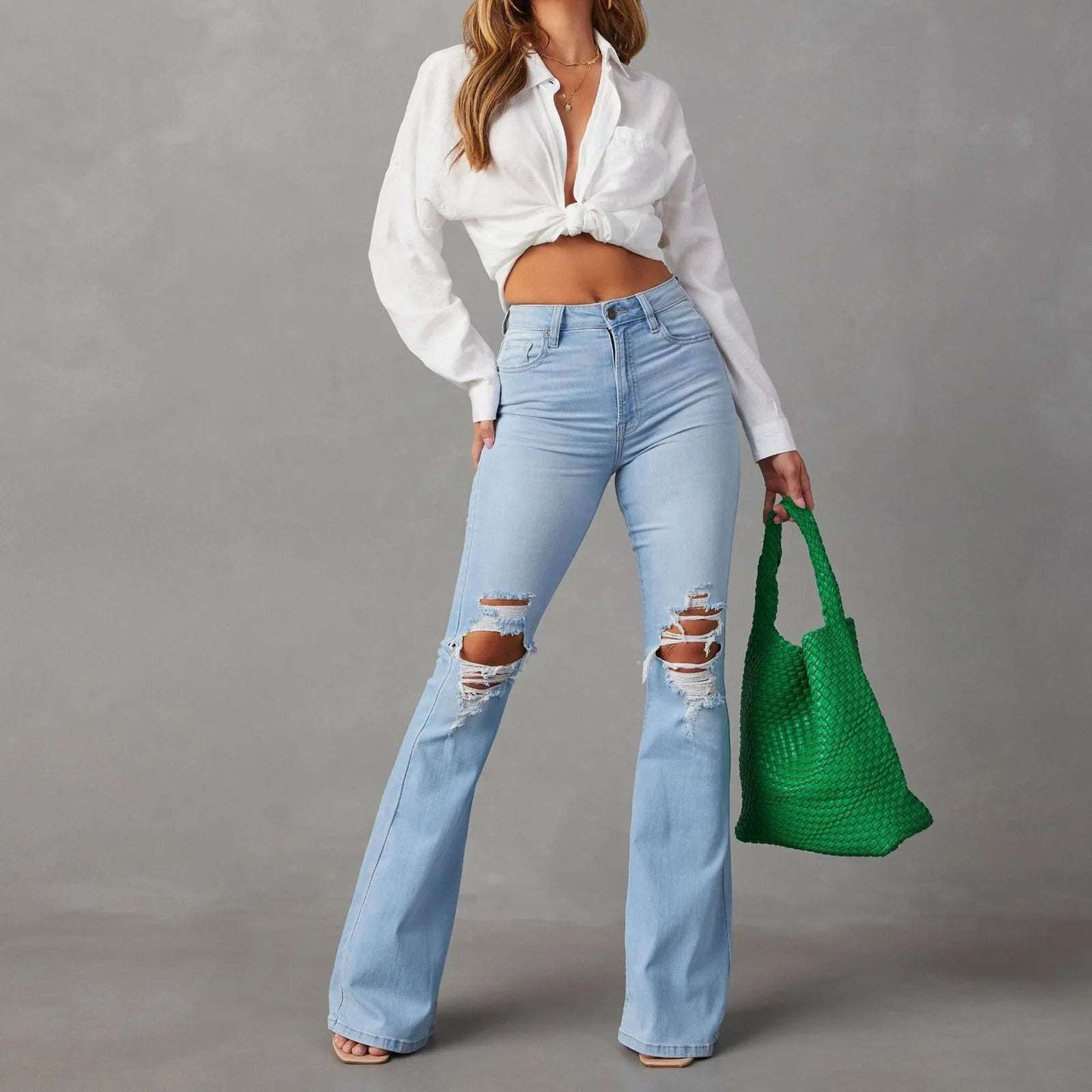 Women's ripped mid-waist wide-leg denim jeans