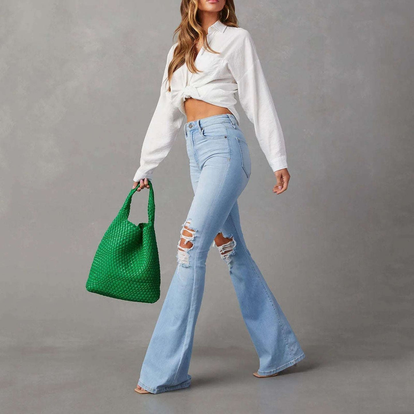 Women's ripped mid-waist wide-leg denim jeans - Ella fashion
