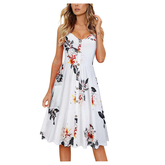 Floral V-Neck Summer Dress – Sleeveless & Elegant