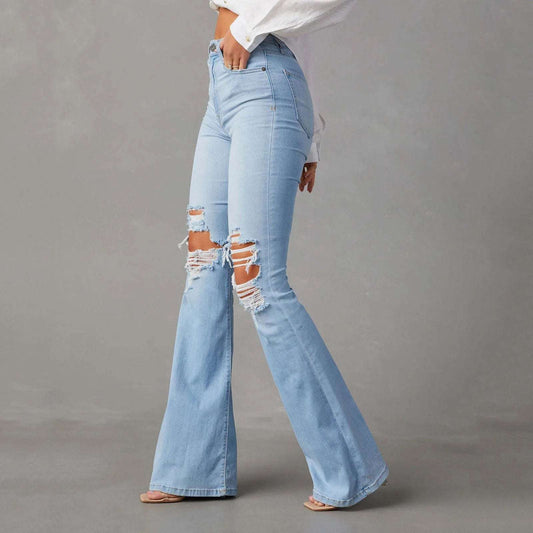Women's ripped mid-waist wide-leg denim jeans