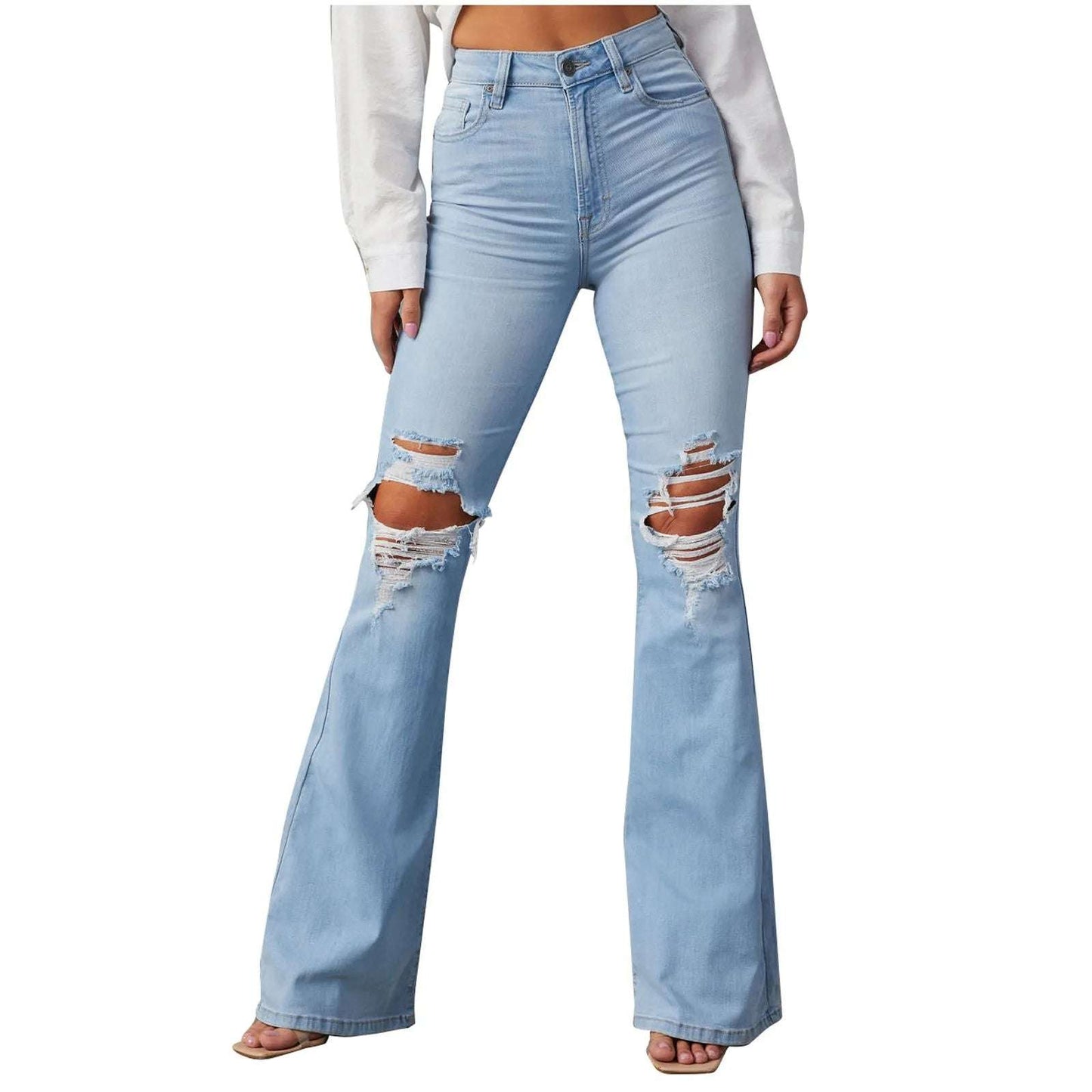 Women's ripped mid-waist wide-leg denim jeans