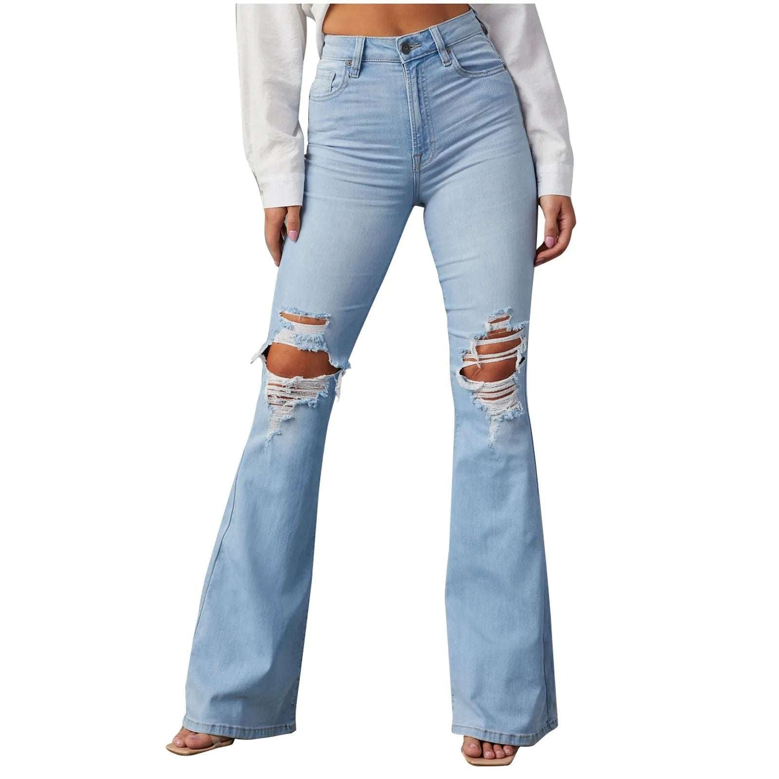Women's ripped mid-waist wide-leg denim jeans